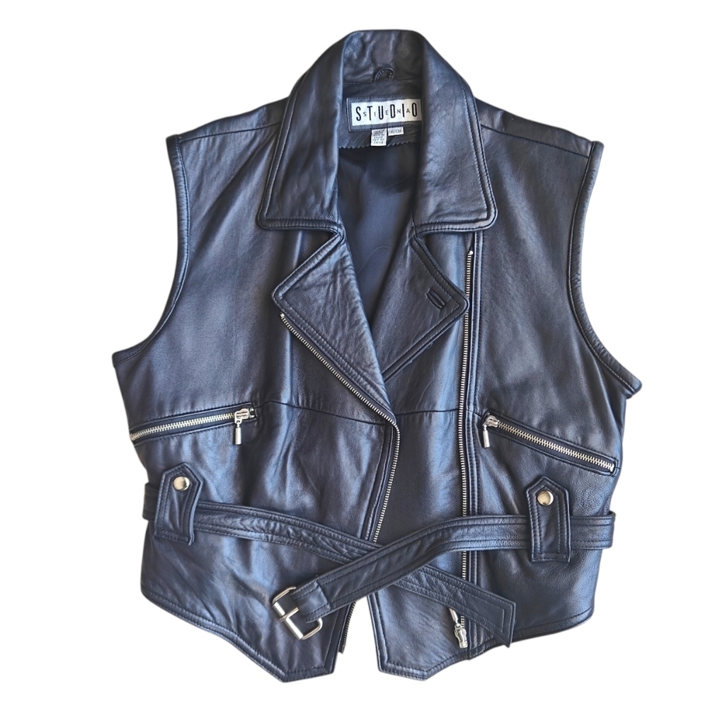 Siena Studio Vintage Black Leather Belted Vest | Size Small